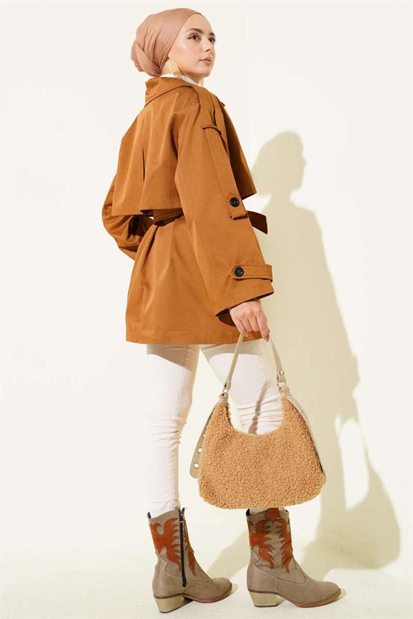 Cape Detailed Belted Short Trench Coat Camel