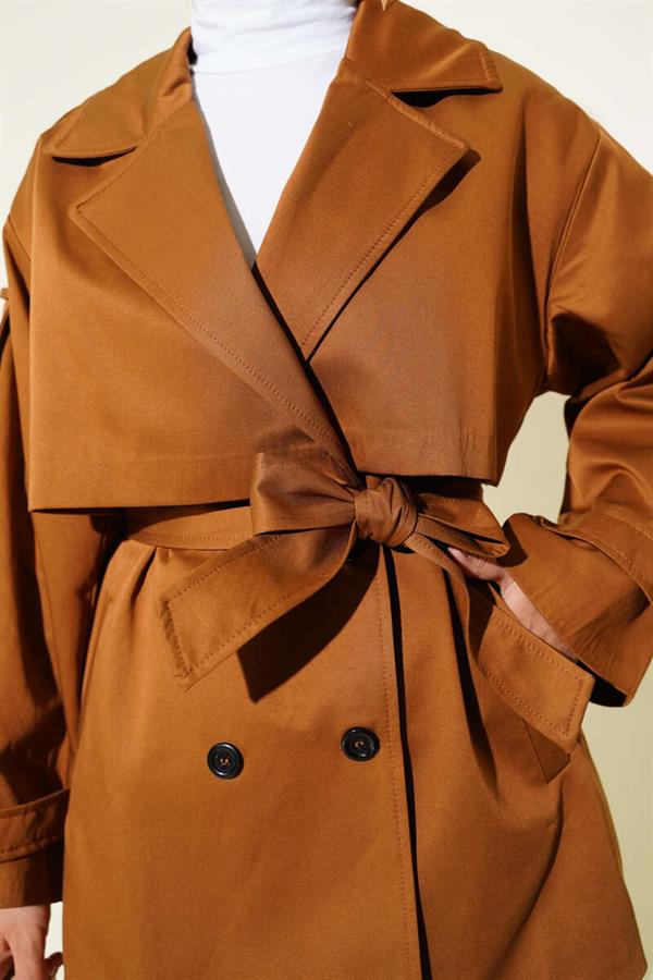 Cape Detailed Belted Short Trench Coat Camel