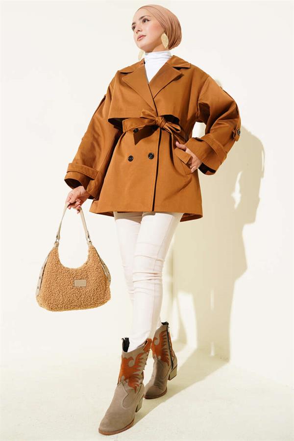 Cape Detailed Belted Short Trench Coat Camel