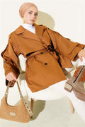 Cape Detailed Belted Short Trench Coat Camel