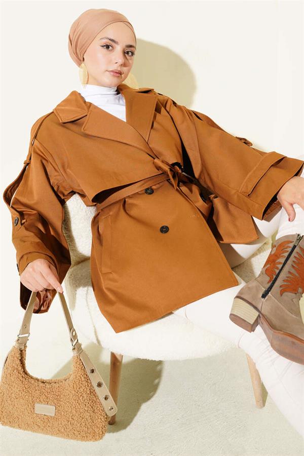 Cape Detailed Belted Short Trench Coat Camel