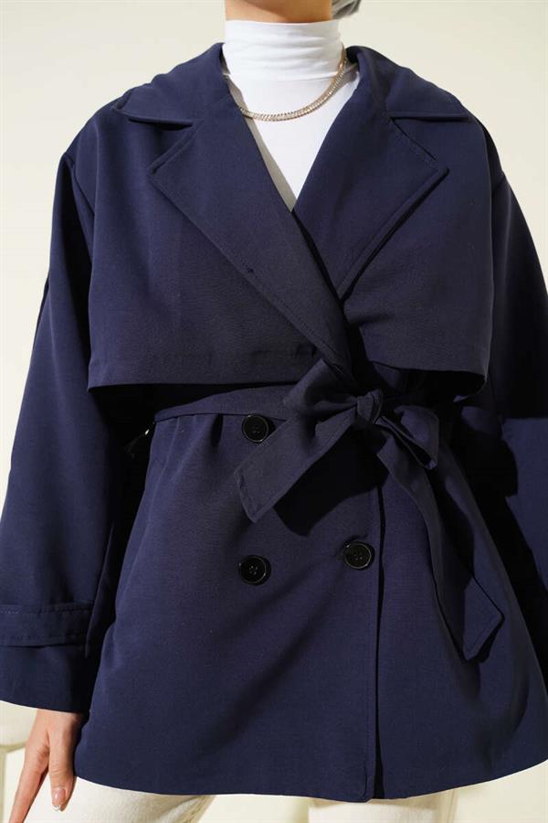 Cape Detailed Belted Short Trench Coat Navy Blue