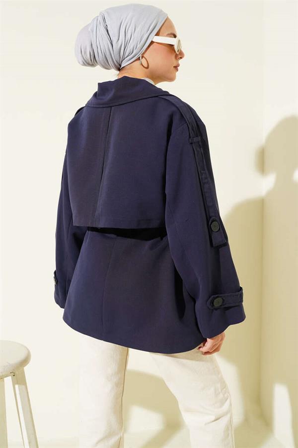 Cape Detailed Belted Short Trench Coat Navy Blue