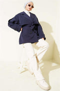 Cape Detailed Belted Short Trench Coat Navy Blue