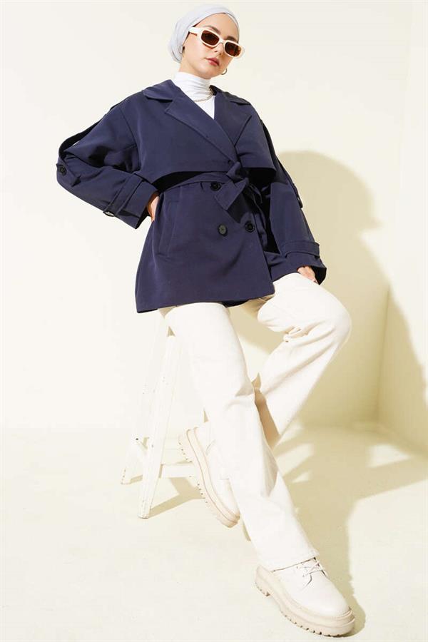Cape Detailed Belted Short Trench Coat Navy Blue