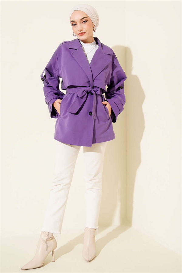 Short Trench Coat with Cape Detail and Belt, Lilac