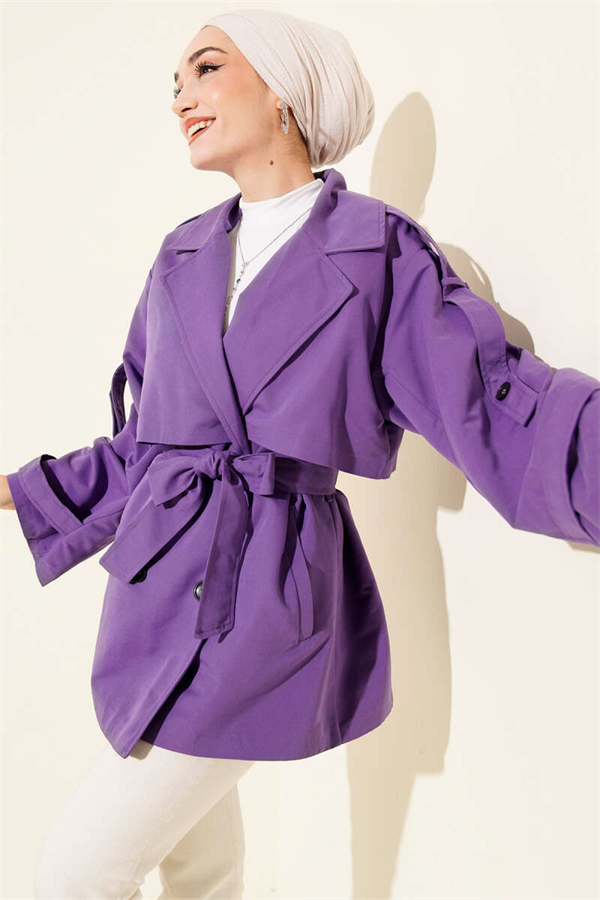 Short Trench Coat with Cape Detail and Belt, Lilac
