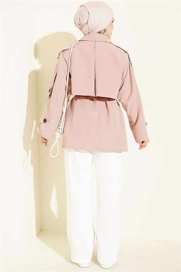 Short Trench Coat with Cape Detail and Belt, Powder Pink
