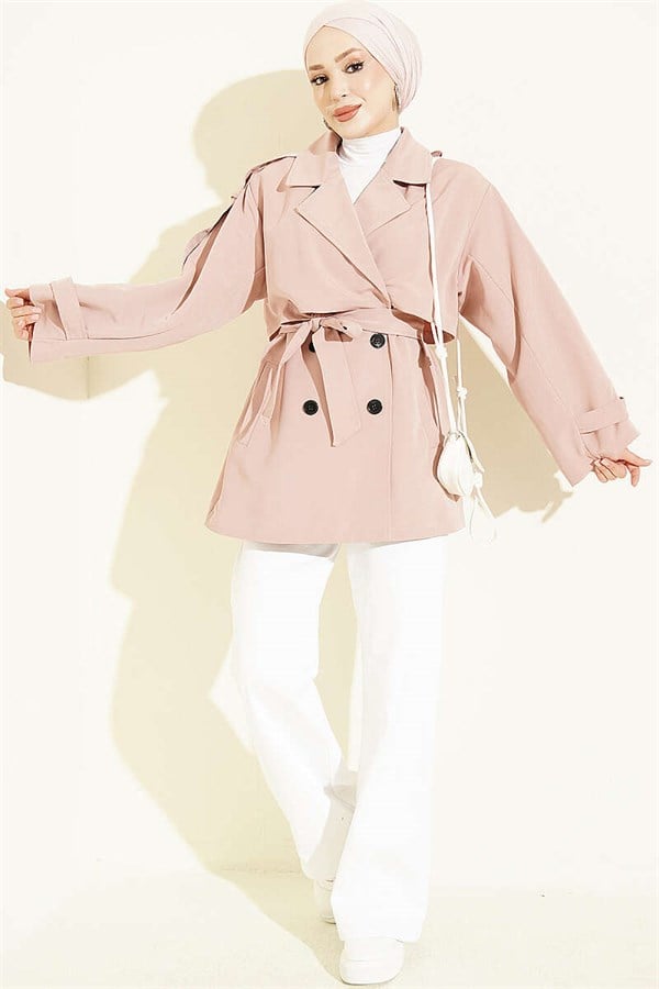 Short Trench Coat with Cape Detail and Belt, Powder Pink