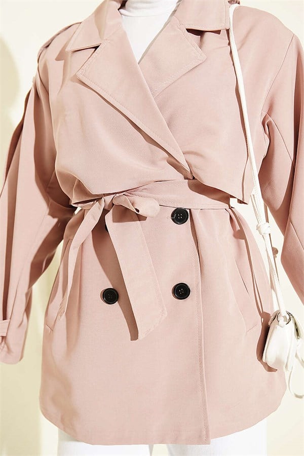 Short Trench Coat with Cape Detail and Belt, Powder Pink
