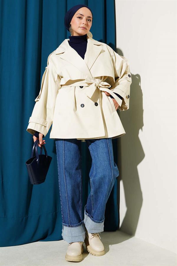 Belted Short Trench Coat with Cape Detail Stone