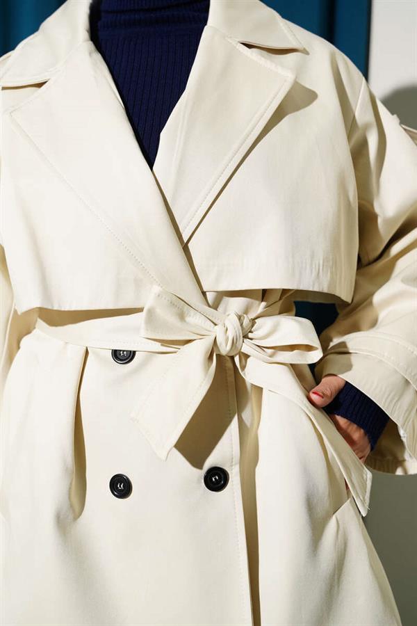 Belted Short Trench Coat with Cape Detail Stone