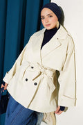 Belted Short Trench Coat with Cape Detail Stone