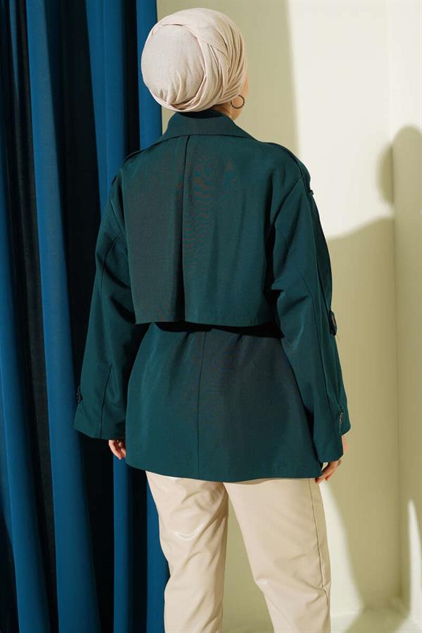 Belted Short Trench Coat with Cape Detail Emerald
