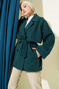 Belted Short Trench Coat with Cape Detail Emerald