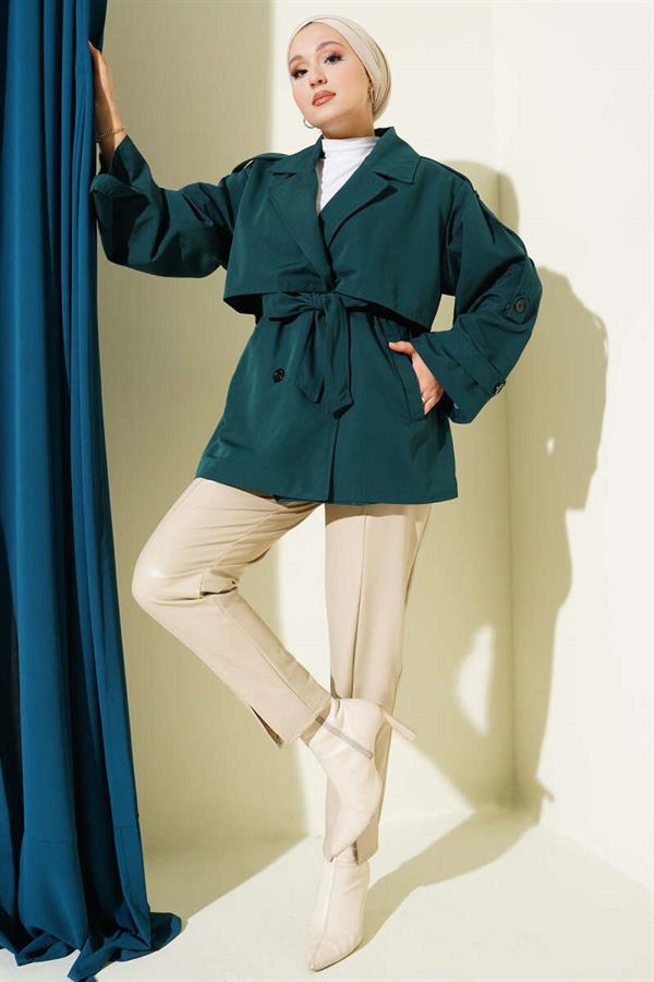 Belted Short Trench Coat with Cape Detail Emerald