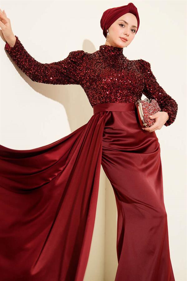Cape Detail Sequin Evening Dress Burgundy
