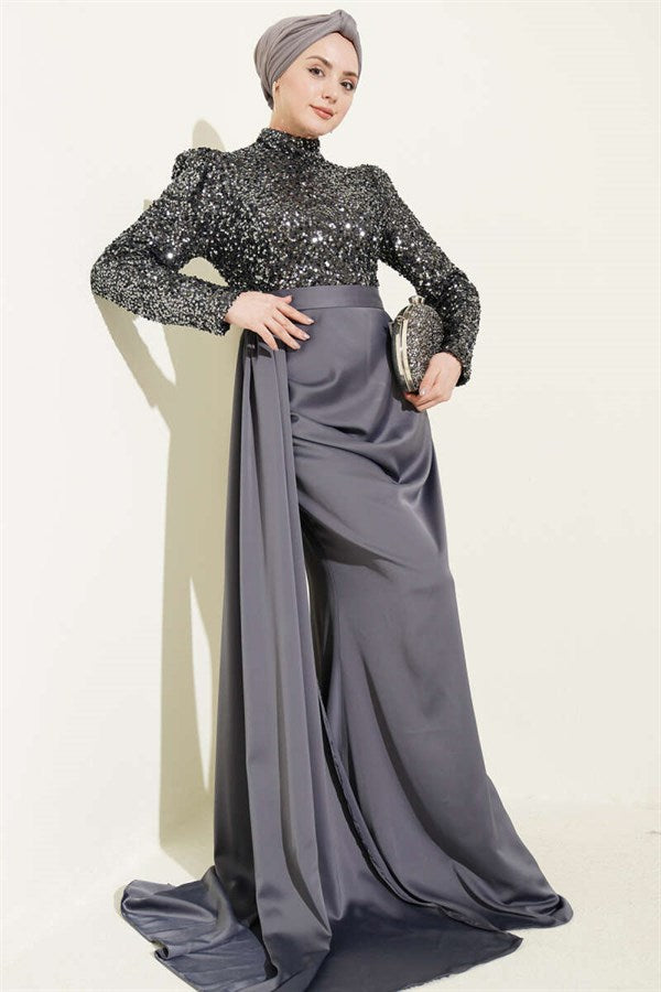 Cape Detail Sequin Evening Dress, Smoke Grey