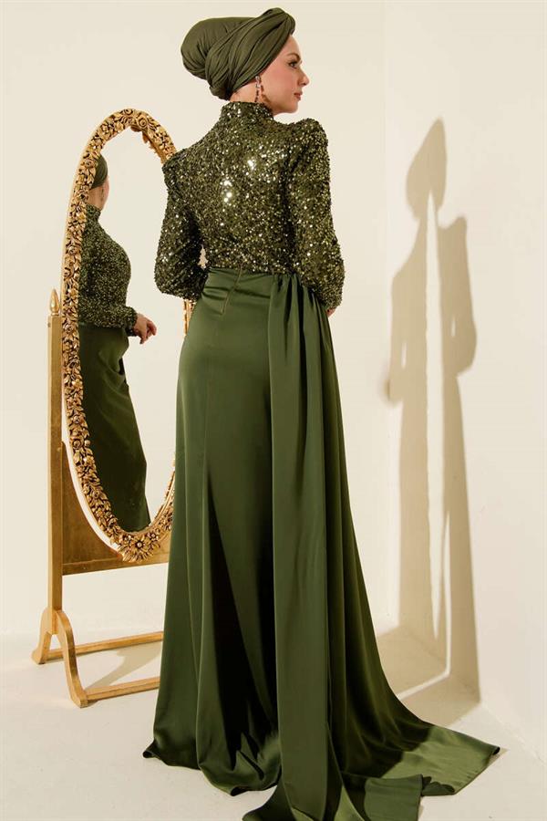 Cape Detail Sequin Evening Dress Khaki