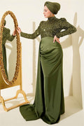 Cape Detail Sequin Evening Dress Khaki