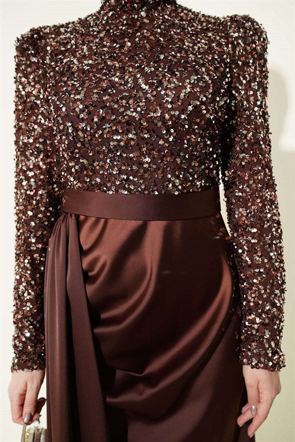 Cape Detail Sequin Evening Dress in Brown