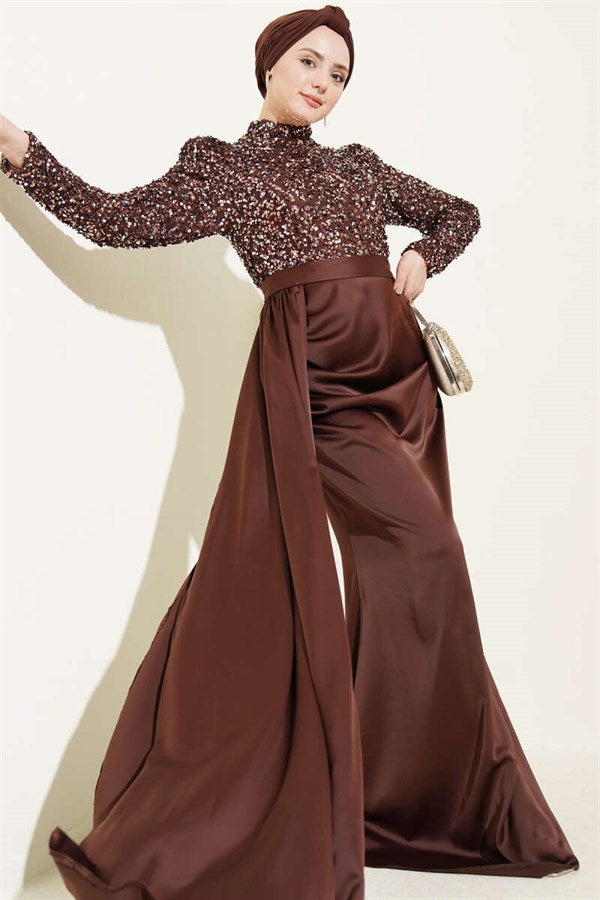 Cape Detail Sequin Evening Dress in Brown