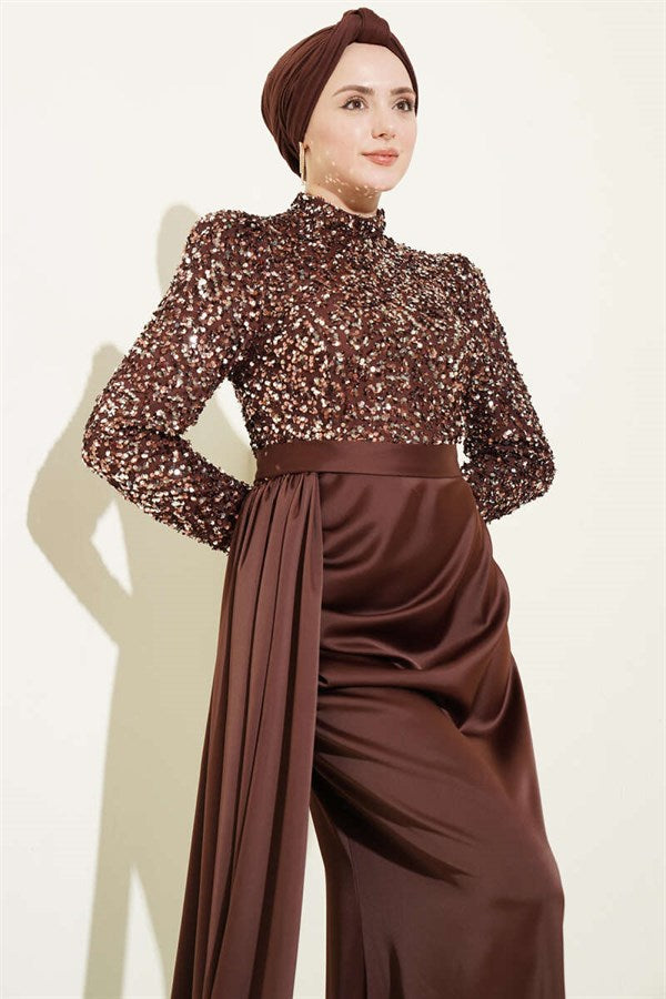 Cape Detail Sequin Evening Dress in Brown