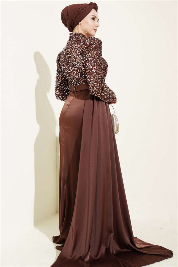 Cape Detail Sequin Evening Dress in Brown