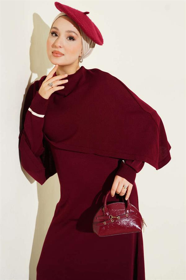 Cape Detailed Knit Dress Burgundy