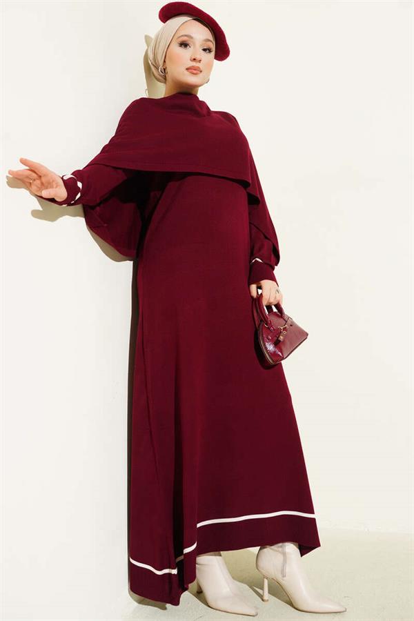 Cape Detailed Knit Dress Burgundy