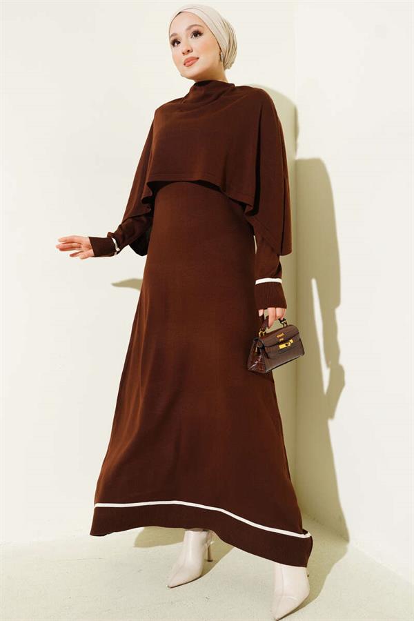 Cape Detailed Knit Dress Brown
