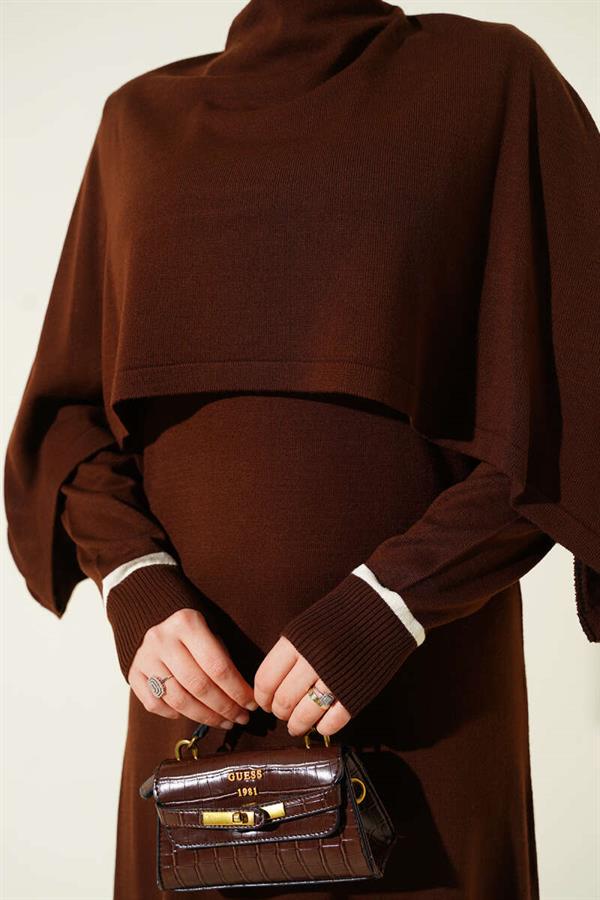Cape Detailed Knit Dress Brown
