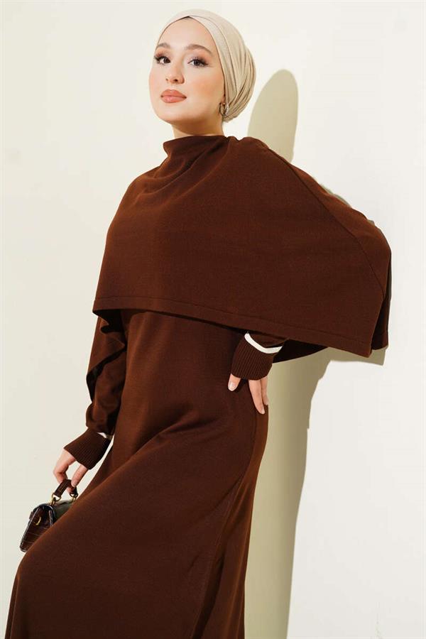 Cape Detailed Knit Dress Brown