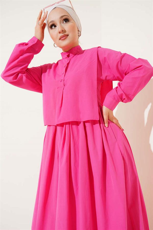 Half-Buttoned Dress with Cape Detail, Fuchsia