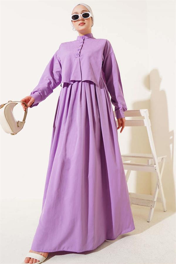 Half Buttoned Dress with Cape Detail, Lilac