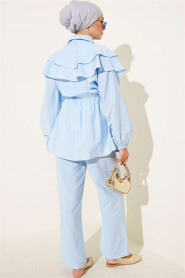 Cape Detail Half-Button Two-Piece Set Blue