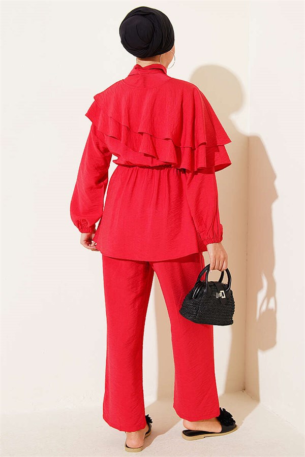 Cape Detail Half-Button Two-Piece Set Red
