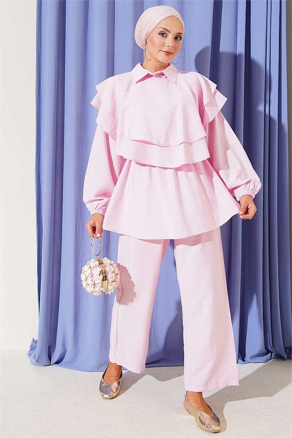Two-Piece Set with Cape Detail and Half Button Closure, Pink