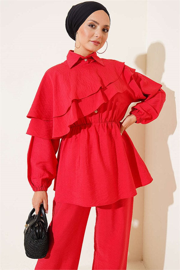 Cape Detail Half-Button Two-Piece Set Red
