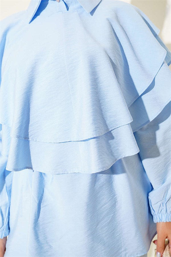 Cape Detail Half-Button Two-Piece Set Blue