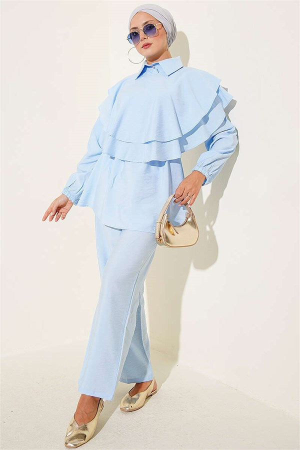 Cape Detail Half-Button Two-Piece Set Blue