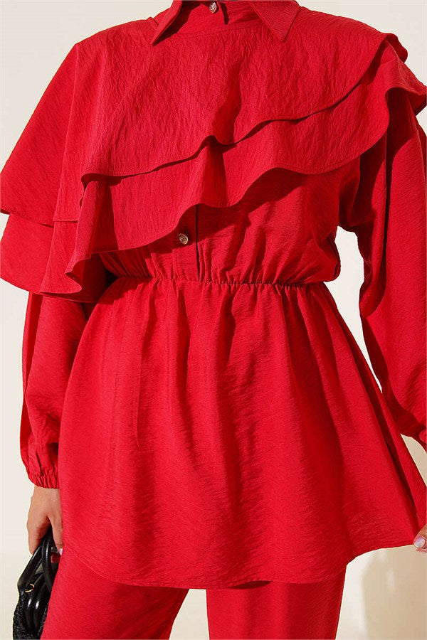 Cape Detail Half-Button Two-Piece Set Red