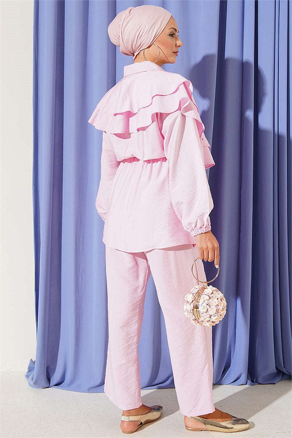 Two-Piece Set with Cape Detail and Half Button Closure, Pink