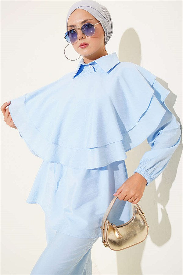 Cape Detail Half-Button Two-Piece Set Blue