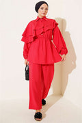 Cape Detail Half-Button Two-Piece Set Red