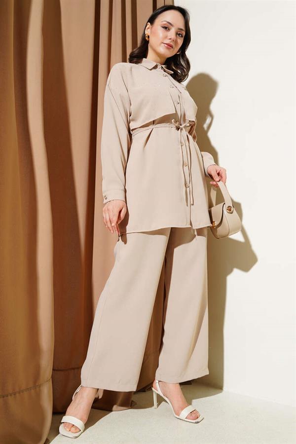 Cape Stoned Rope Belted 2 Piece Set Beige