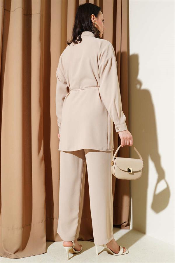 Cape Stoned Rope Belted 2 Piece Set Beige