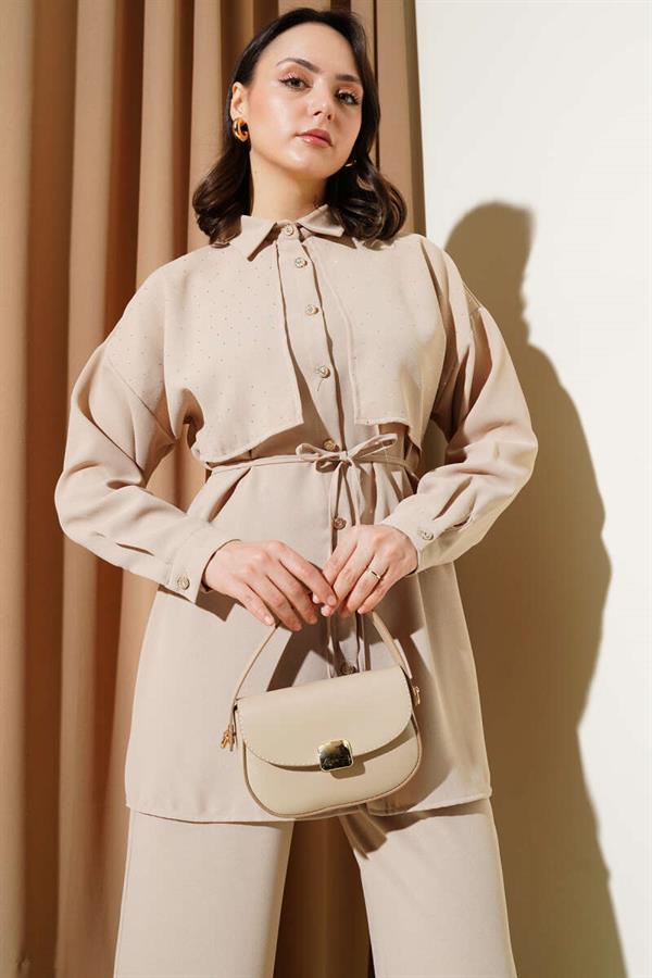 Cape Stoned Rope Belted 2 Piece Set Beige