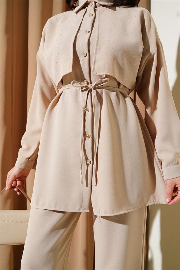 Cape Stoned Rope Belted 2 Piece Set Beige