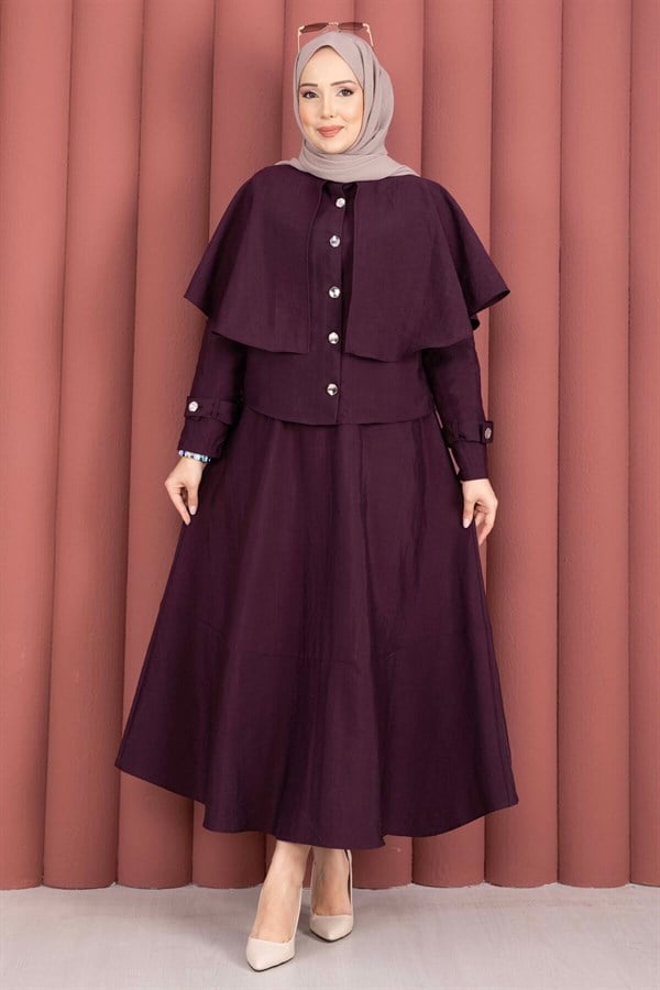 2 Piece Set with cape, epaulette detail, and skirt, in plum color.
